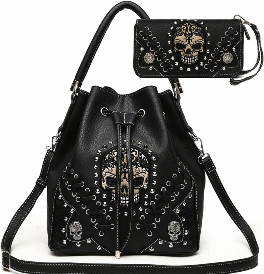 Cowgirl Trendy Punk Gothic Rock Metallic Skull Rivet Studded Skeleton Purse Sugar Skull Women Handbag Fashion Shoulder Bag Wallet Set Shoulder Handbags