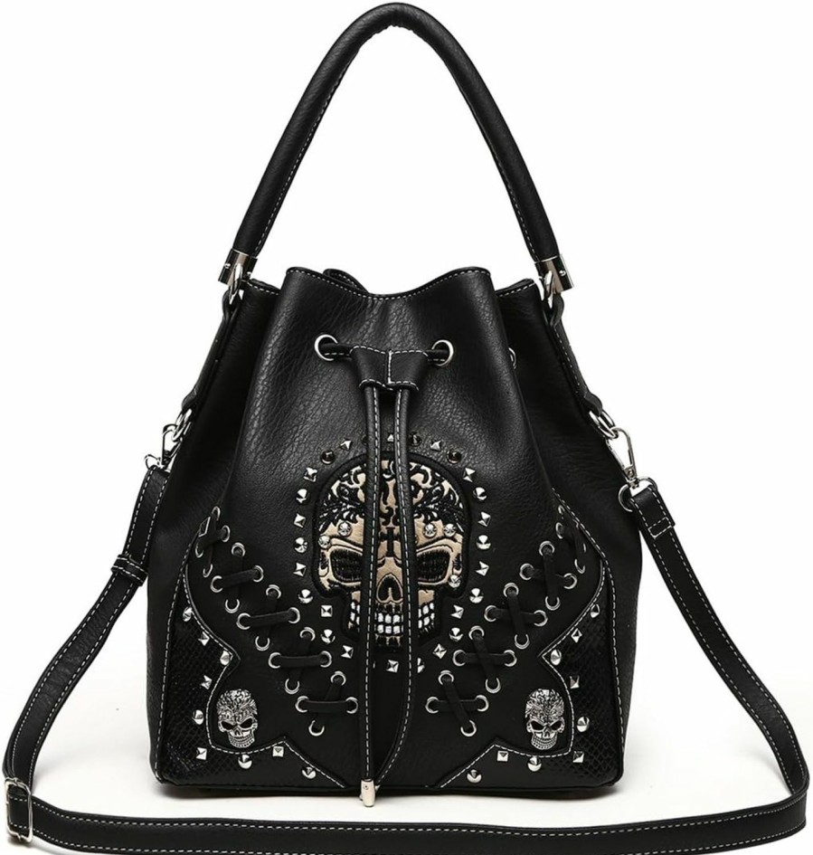 Cowgirl Trendy Punk Gothic Rock Metallic Skull Rivet Studded Skeleton Purse Sugar Skull Women Handbag Fashion Shoulder Bag Wallet Set Shoulder Handbags