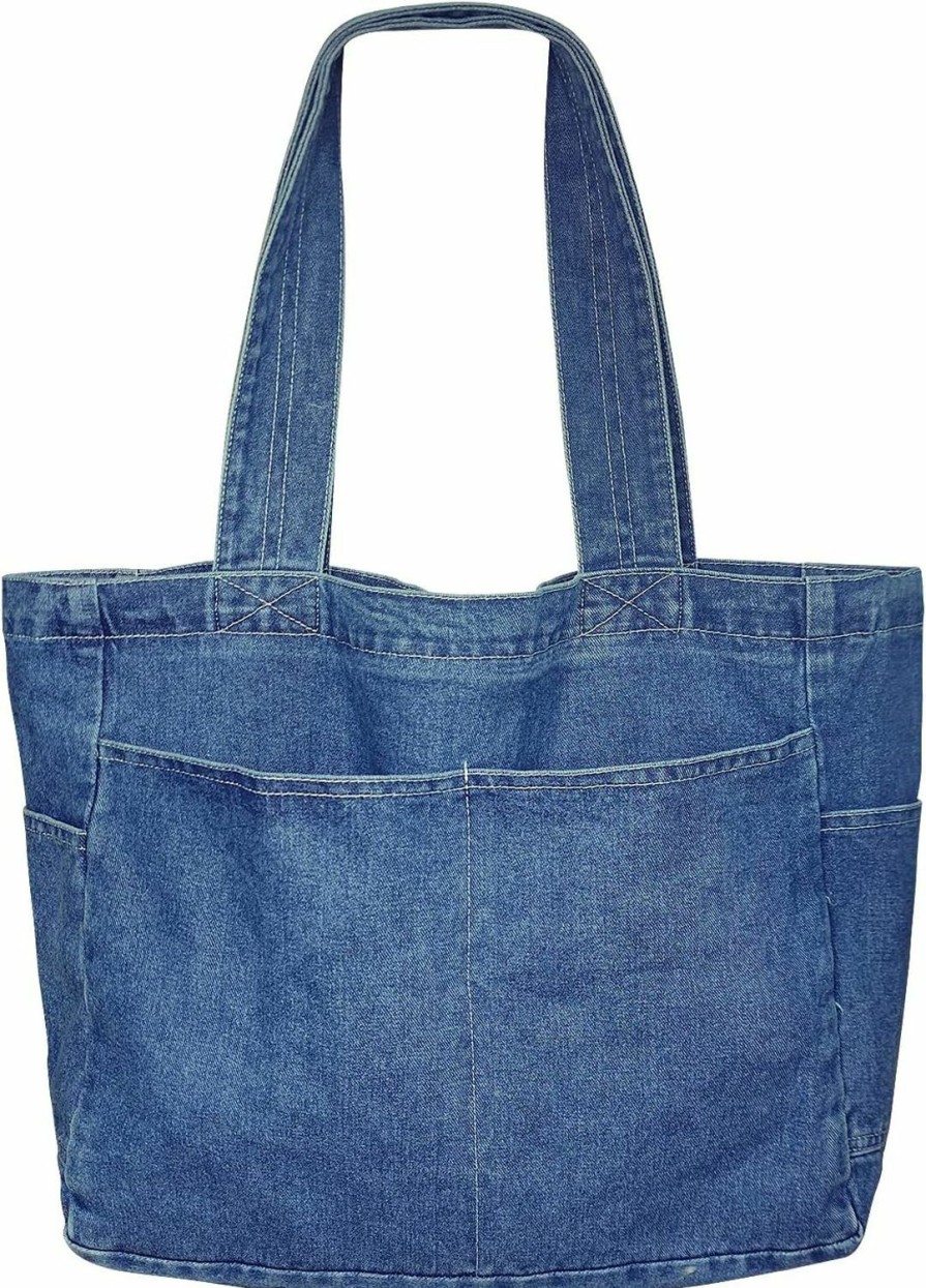 Generic Maykah Large Tote Bag, Lightweight Denim Shoulder Bag Beach Bag Casual Retro Canvas Bag For Women Travel Work School, Light Blue Shoulder Handbags