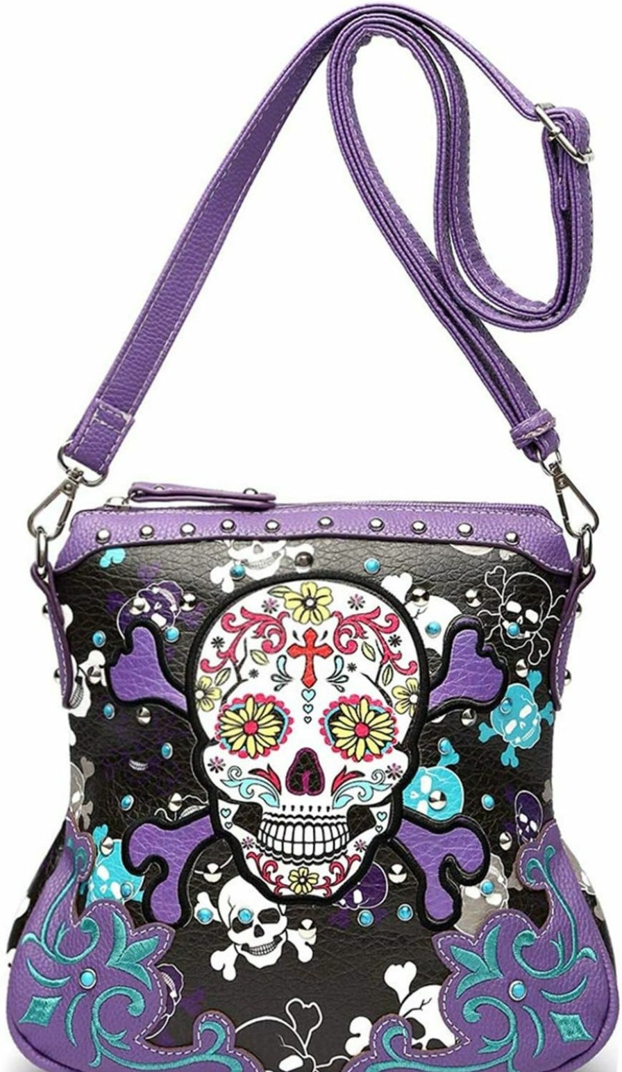 WESTERN ORIGIN Sugar Skull Day Of The Dead Cross Bone Rock Metallic Purse Skeleton Leather Purse Women Crossbody Handbag Shoulder Bag Shoulder Handbags