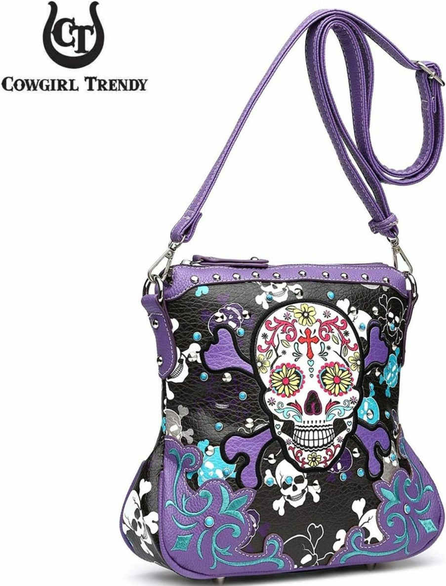 WESTERN ORIGIN Sugar Skull Day Of The Dead Cross Bone Rock Metallic Purse Skeleton Leather Purse Women Crossbody Handbag Shoulder Bag Shoulder Handbags