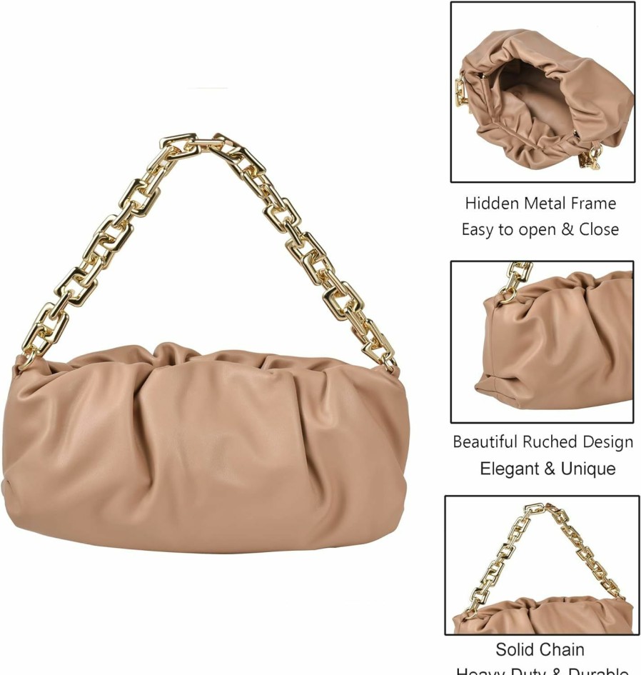 Eiyye Eiyye Dumpling Purse Leather, Ruched Hobo Handbag, Buttery Soft Cloud Bag, Chain Purse Brown Dumpling Bag For Women Shoulder Handbags