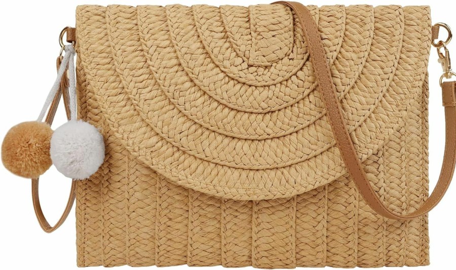 Youjaree Youjaree Women Straw Crossbody Handbag Woven Shoulder Bag Summer Beach Envelope Clutch Purse With Pom Poms Shoulder Handbags