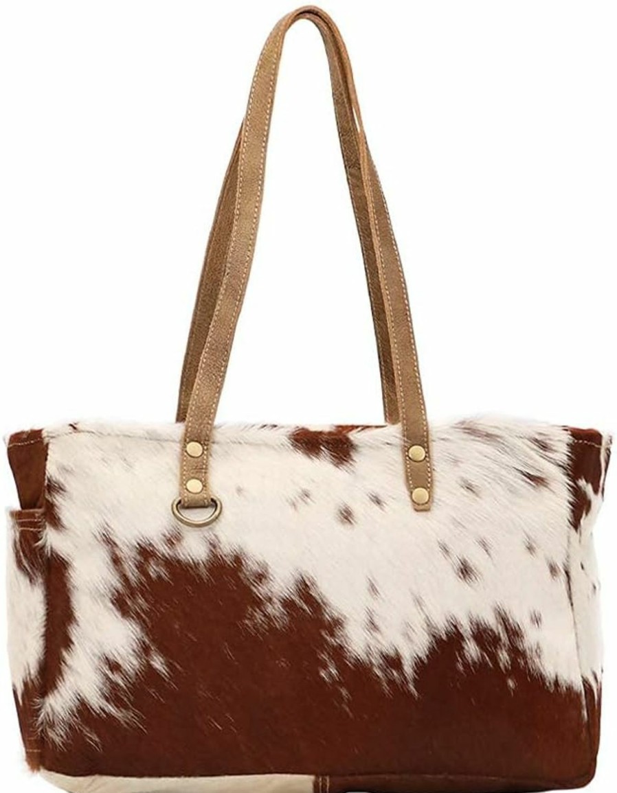 Myra Bag Myra Bag Fawn & White Upcycled Canvas & Cowhide Small Handbag S-1453 Brown Shoulder Handbags