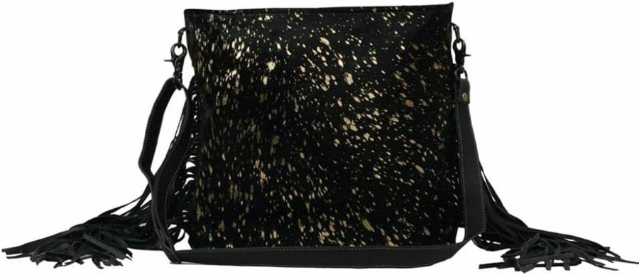 Myra Bag Myra Bag Black Shimmer Leather And Cowhide Bag Upcycled Cowhide & Leather S-2565 Shoulder Handbags