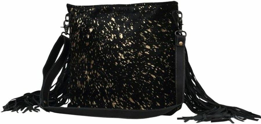 Myra Bag Myra Bag Black Shimmer Leather And Cowhide Bag Upcycled Cowhide & Leather S-2565 Shoulder Handbags