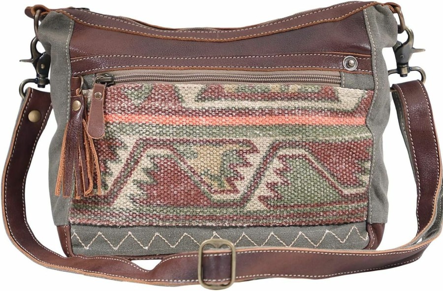 Myra Bag Myra Womens Bag Luguni Upcycled Canvas & Leather Shoulder Bag S-1610, Brown, Green, Orange, One Size, Shoulder Handbags