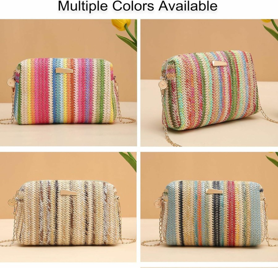 YYW Yyw Colorful Straw Bag Women Woven Beach Bags Rainbow Pattern Shoulder Bag Spring Summer Purse Shoulder Handbags