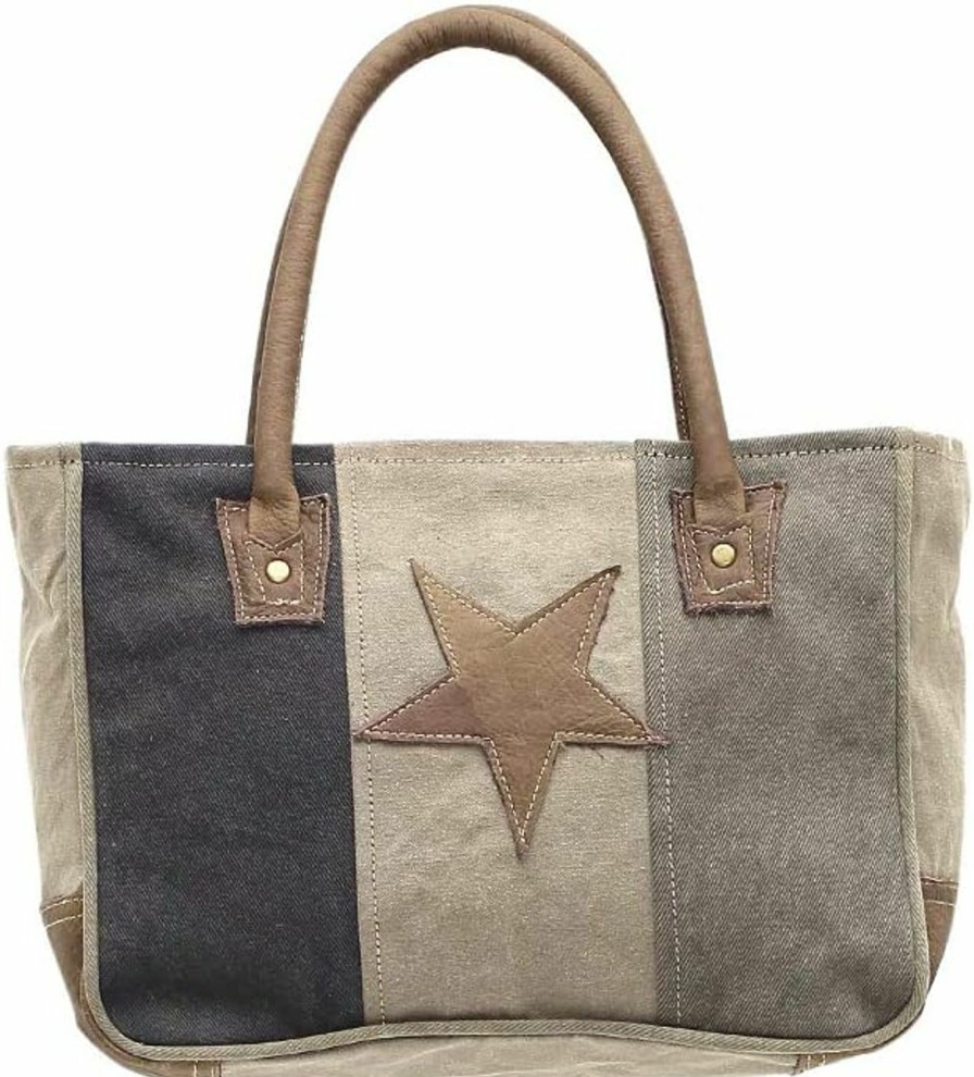 Myra Bag Myra Bags Star On Upcycled Canvas Hand Bag S-1047, Brown, Size One_Size Shoulder Handbags