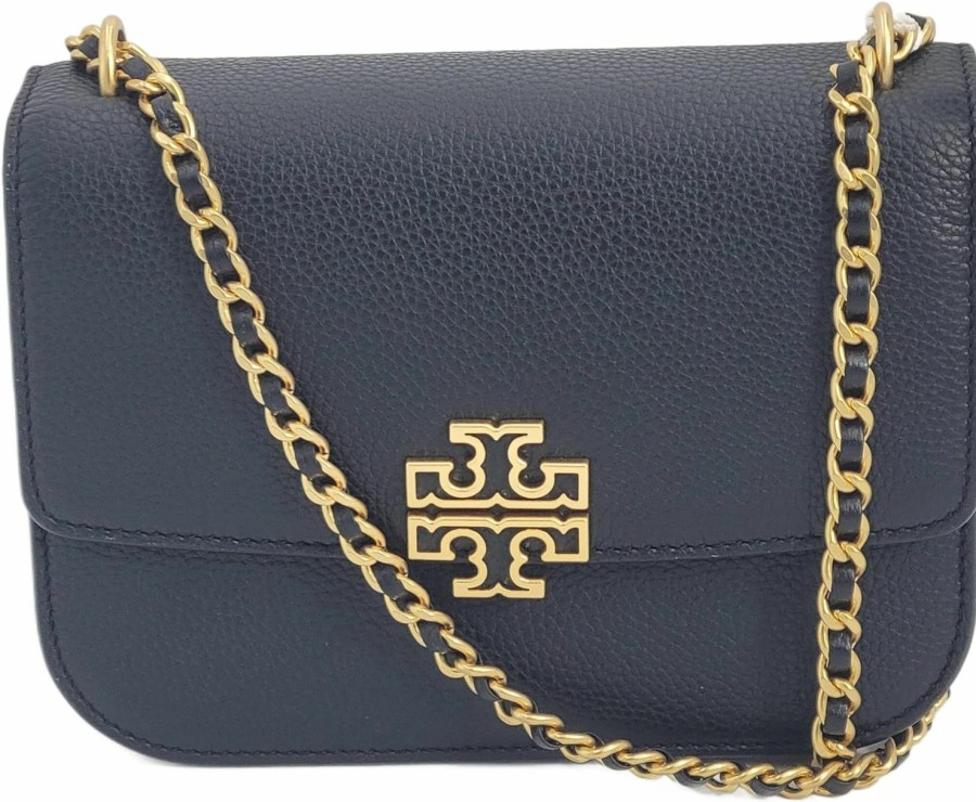 Tory Burch Tory Burch 140987 Britten Black Pebbled Leather With Gold Hardware Small Women'S Adjustable Shoulder Bag Shoulder Handbags