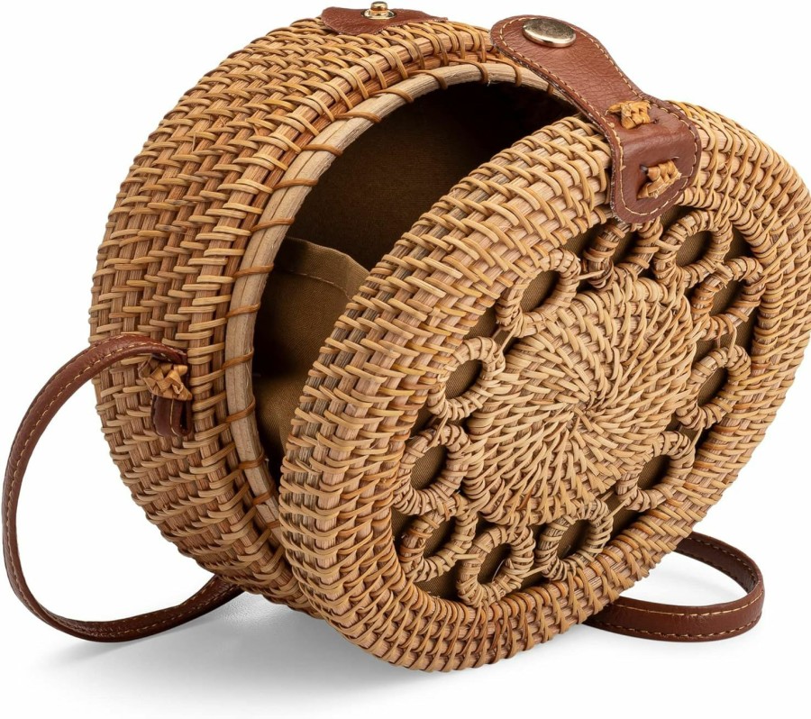 BAGDEPOT Bagdepot Round Rattan Bag With Shoulder Leather Strap. Made From Natural Rattan Shoulder Handbags