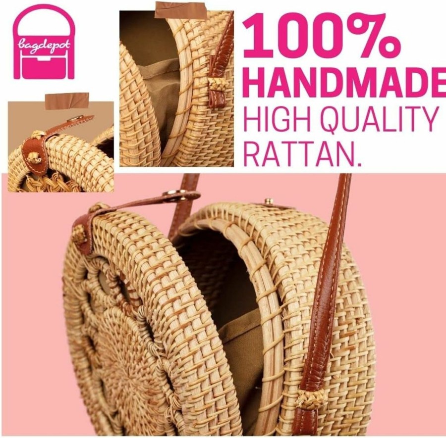 BAGDEPOT Bagdepot Round Rattan Bag With Shoulder Leather Strap. Made From Natural Rattan Shoulder Handbags