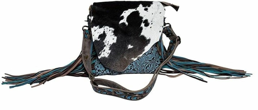 Myra Bag Myra Bag Cobal Blue Conceal Carry Cow Print Tooled Leather Fringe Bag S-3345 Shoulder Handbags