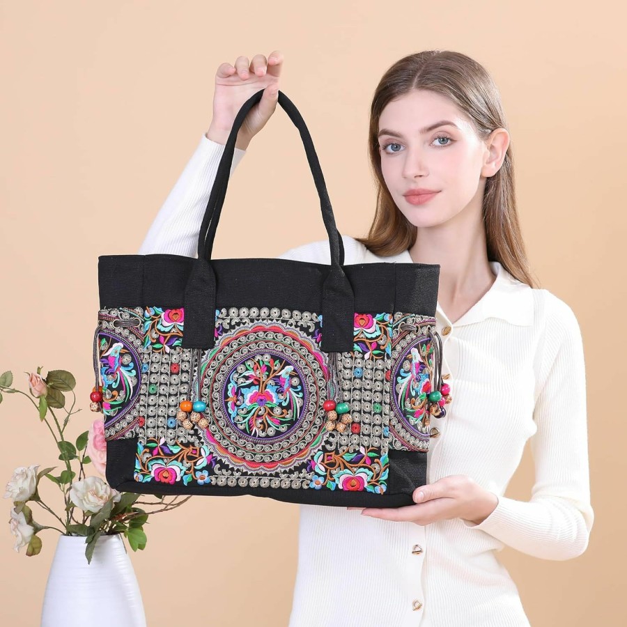 Jursccu Women Canvas Tote Bags Embroidery Handbags Stylish Casual Shoulder Bags Shoulder Handbags