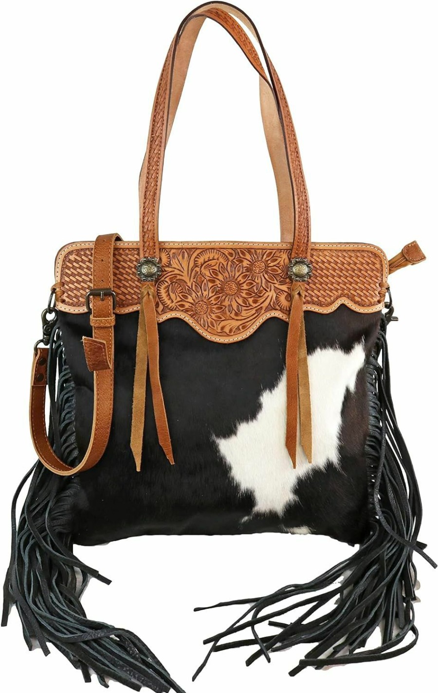 American Darling American Darling Hide And Hair Tooled Bag With Fringe Adbgs113Bkw, Black Shoulder Handbags