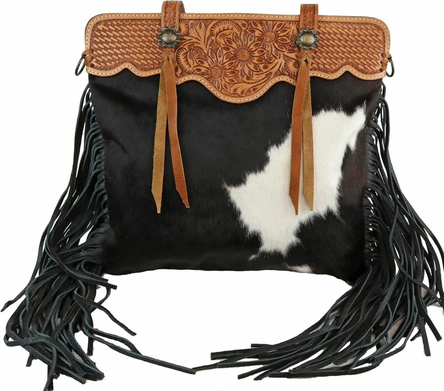 American Darling American Darling Hide And Hair Tooled Bag With Fringe Adbgs113Bkw, Black Shoulder Handbags