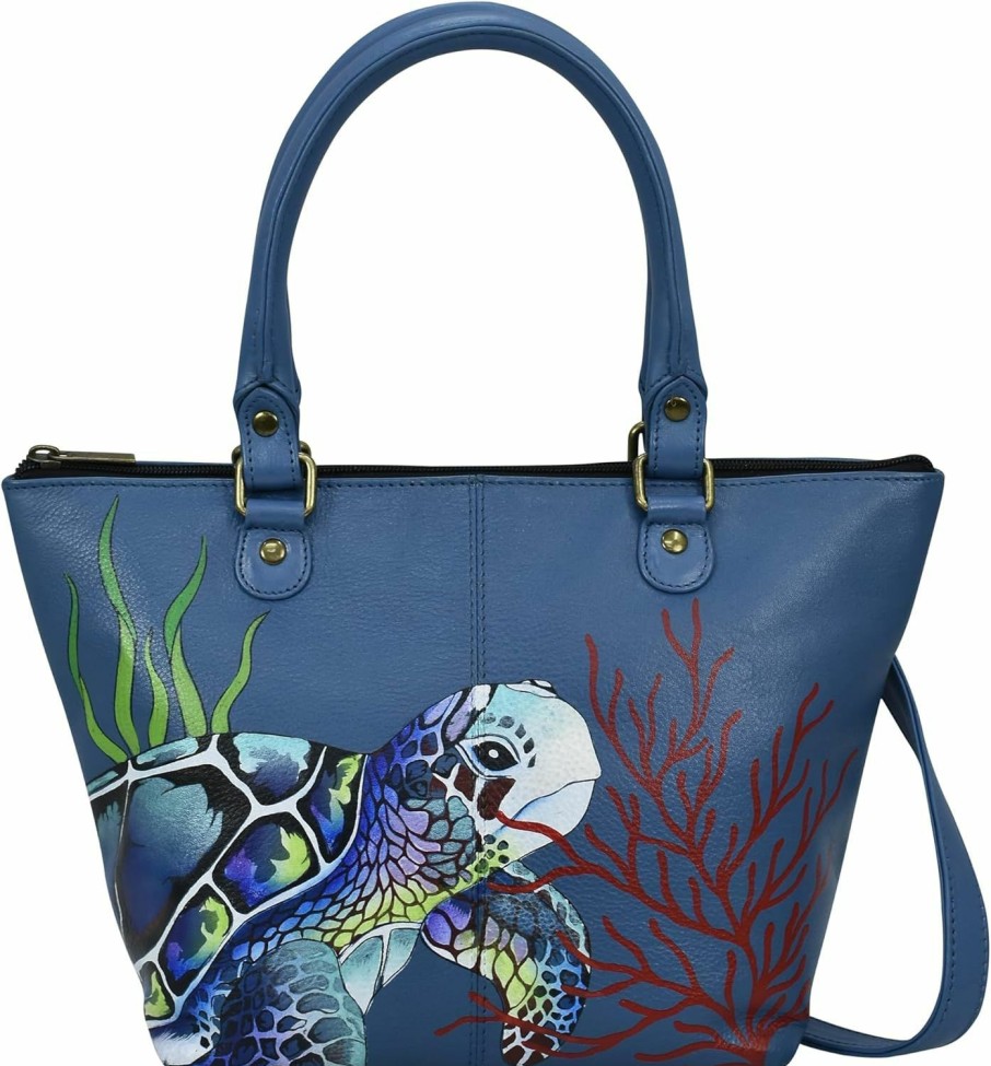 Anna by Anuschka Anna By Anuschka Women'S Hand-Painted Leather Shoulder Tote, Turtle Reef Sapphire Shoulder Handbags