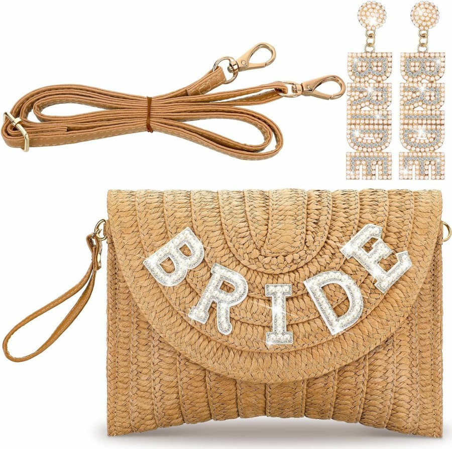 Silkfly Silkfly Bride Straw Shoulder Bag Beach Purses With Rhinestone Bride Earrings Crossbody Woven Summer Bag Envelope Straw Handbag For Gifts Bridal Party Shoulder Handbags