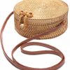 XMLMRY Handwoven Round Rattan Bag Shoulder Leather Straps Natural Chic Hand Shoulder Handbags