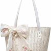 QTKJ Qtkj Women Large Straw Beach Tote Bag Summer Hand-Woven Bags Shoulder Bag Leather Handle Beach Handbags With Cute Lace Bow Small (White) Shoulder Handbags