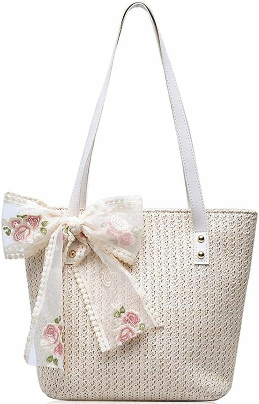 QTKJ Qtkj Women Large Straw Beach Tote Bag Summer Hand-Woven Bags Shoulder Bag Leather Handle Beach Handbags With Cute Lace Bow Small (White) Shoulder Handbags