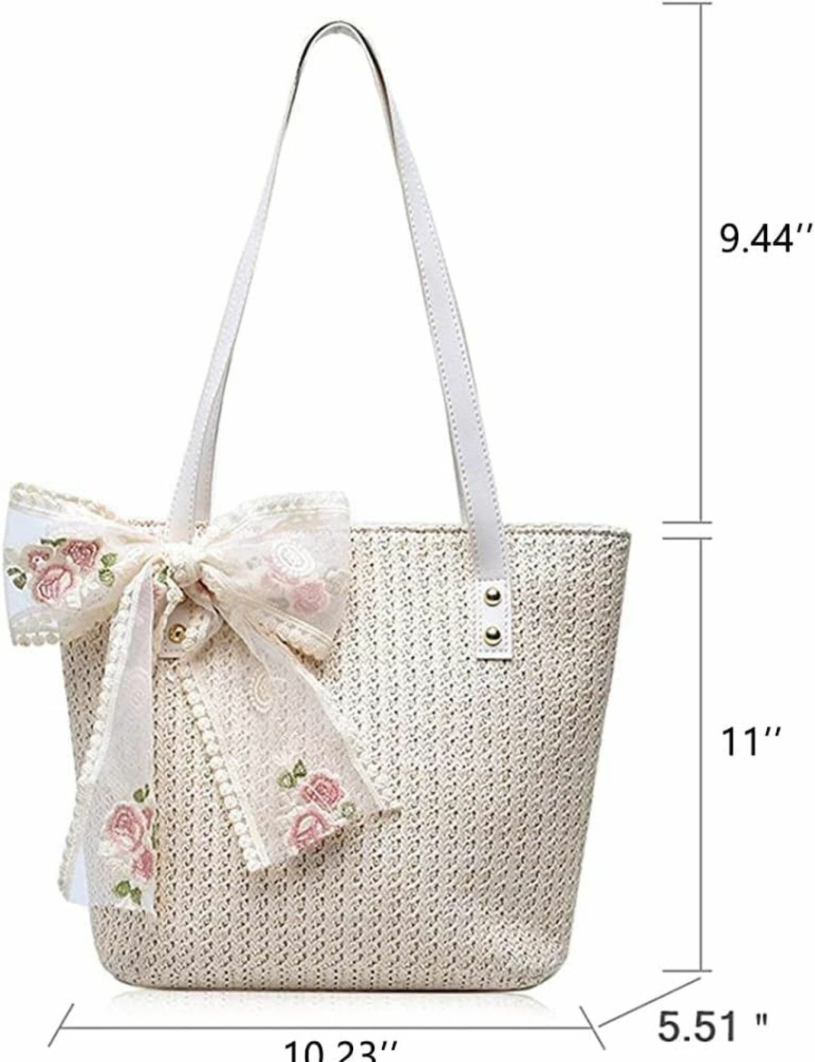 QTKJ Qtkj Women Large Straw Beach Tote Bag Summer Hand-Woven Bags Shoulder Bag Leather Handle Beach Handbags With Cute Lace Bow Small (White) Shoulder Handbags