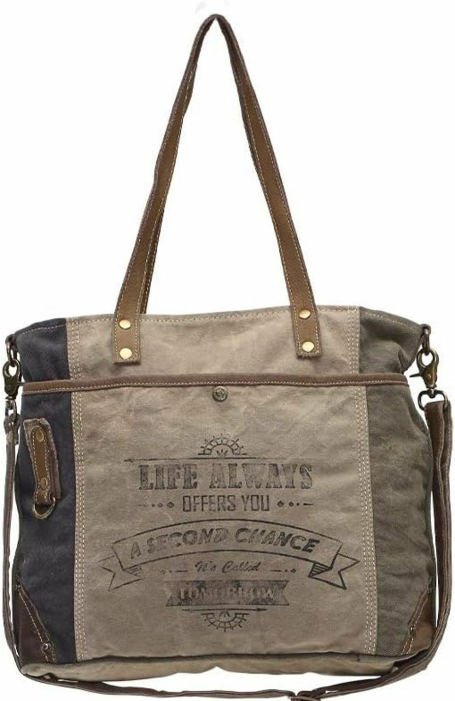 Myra Bag Myra Bags Life Always Upcycled Canvas Shoulder Bag S-0948, Tan, Khaki, Brown, One_Size Shoulder Handbags