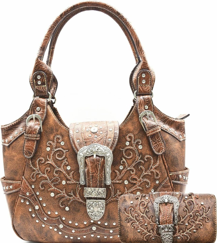 WESTERN ORIGIN Western Style Tooled Leather Conceal Carry Purse Buckle Country Large Totes Handbag Women Shoulder Bag Wallet Set Brown Shoulder Handbags