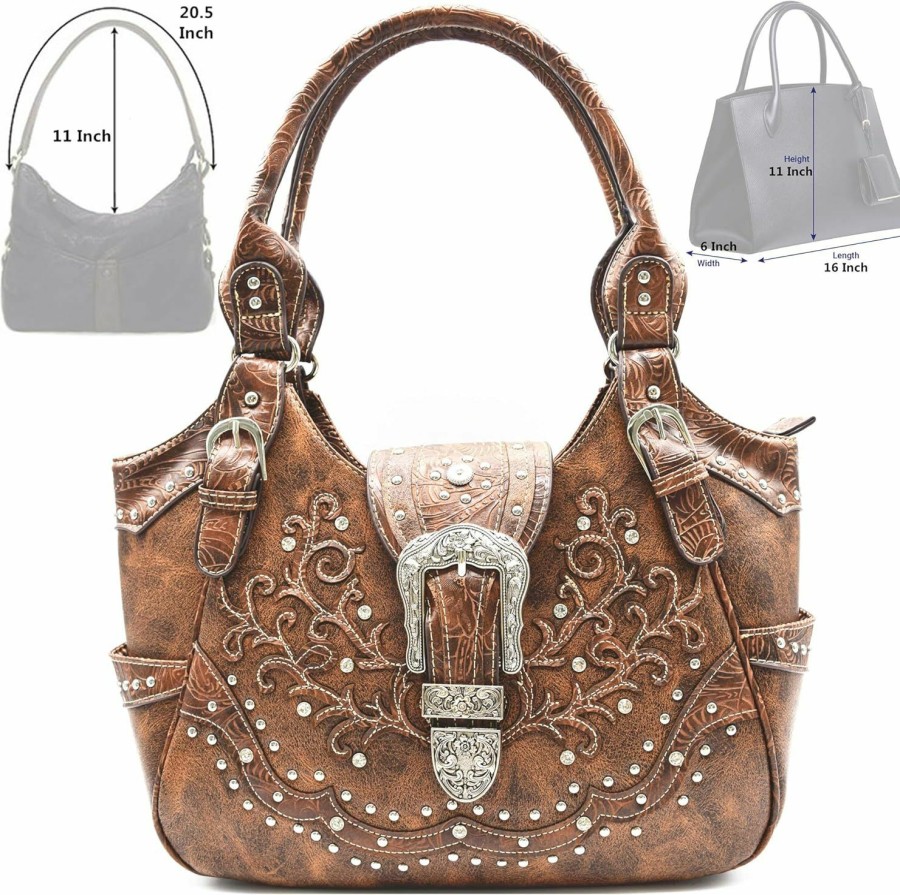 WESTERN ORIGIN Western Style Tooled Leather Conceal Carry Purse Buckle Country Large Totes Handbag Women Shoulder Bag Wallet Set Brown Shoulder Handbags