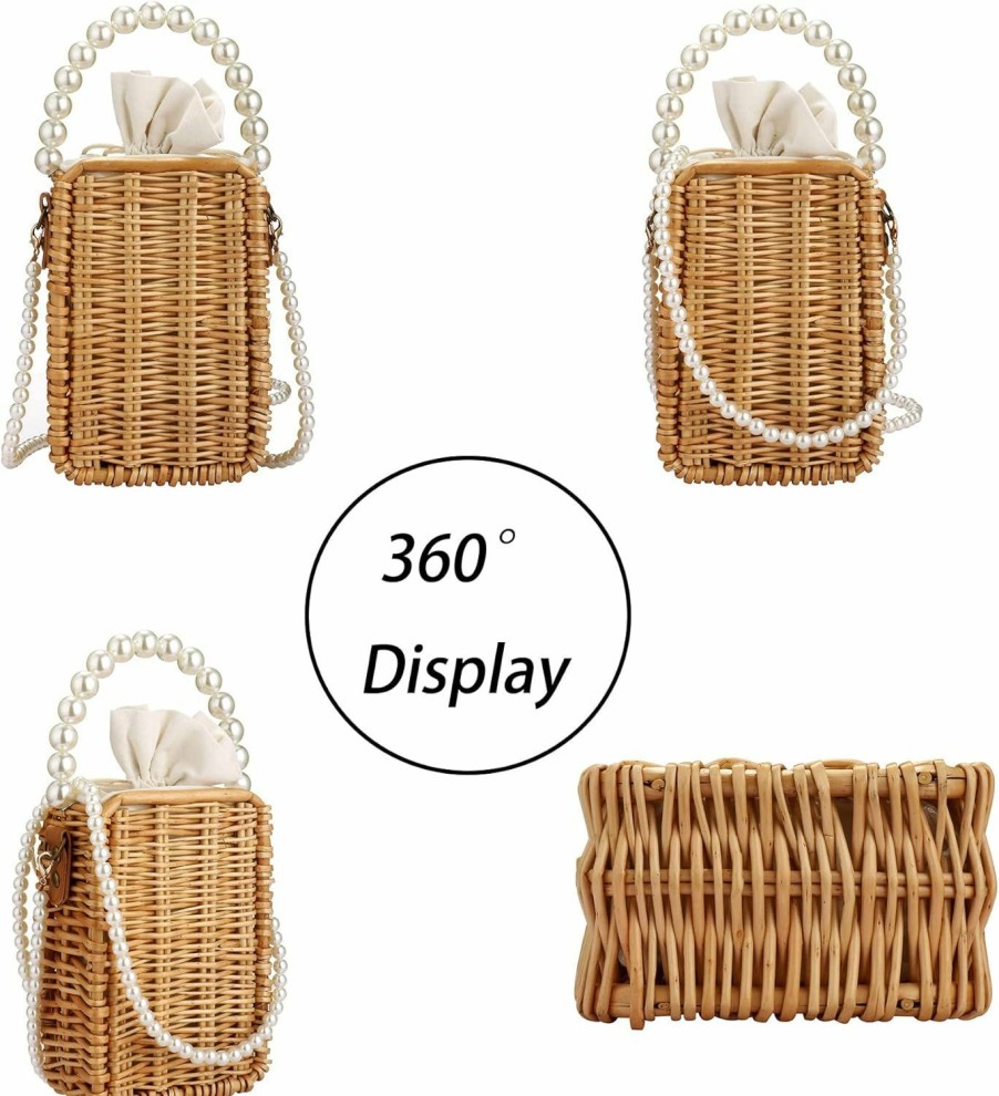 Buric Buric Crossbody Bags For Women Beach Straw Purse Lightweight Fashion Pearl Shoulder Bag Retro Straw Summer Basket Purse Shoulder Handbags