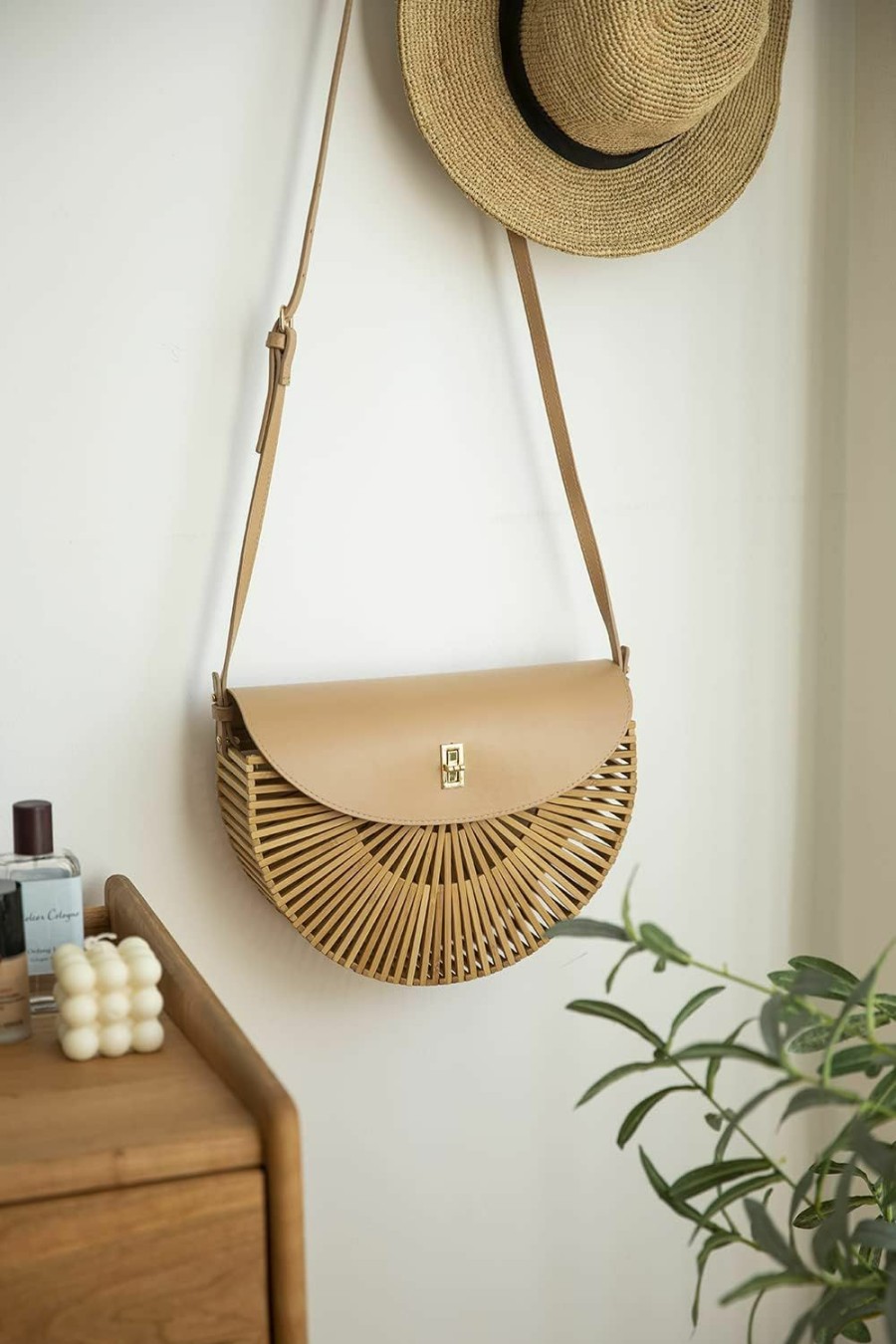 RULER TRUTH Handwoven Round Bamboo Bag Natural Shoulder Bag With Leather Straps Women'S Handmade Straw Purse Shoulder Handbags