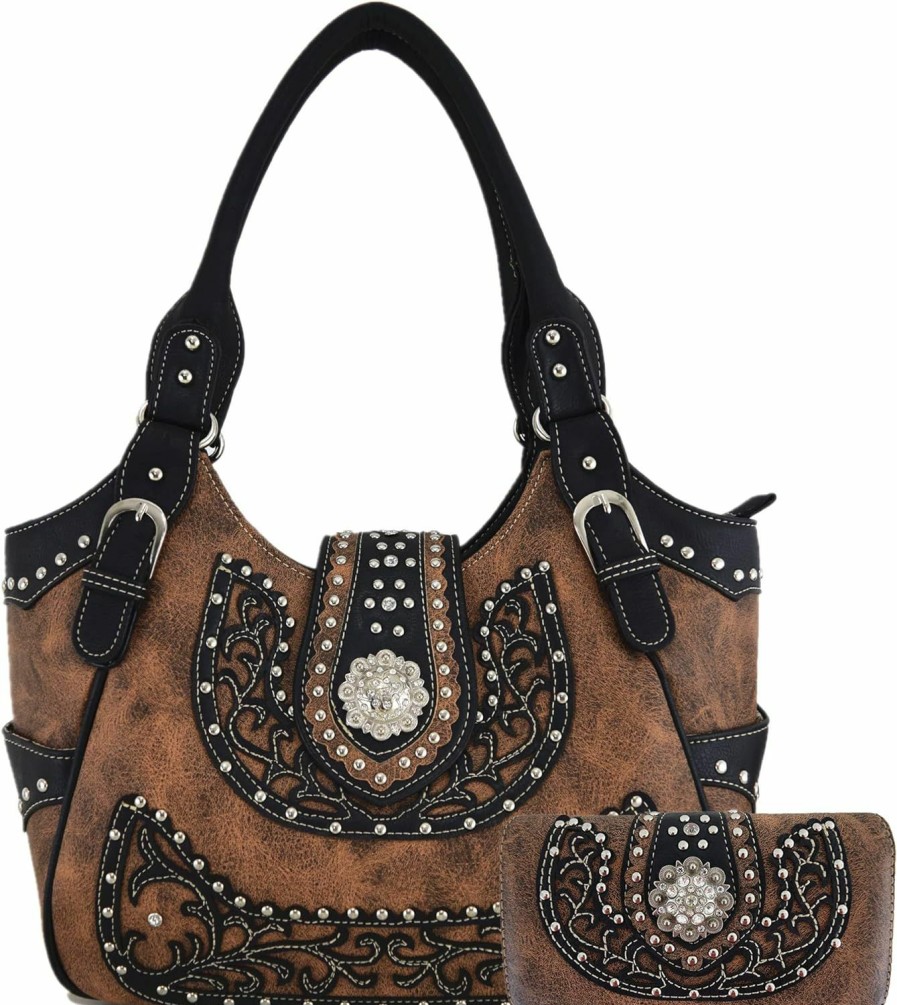 WESTERN ORIGIN Western Style Berry Conchos Cowgirl Country Conceal Carry Purses Crossbody Handbags Women Shoulder Bags Wallet Set Brown Shoulder Handbags