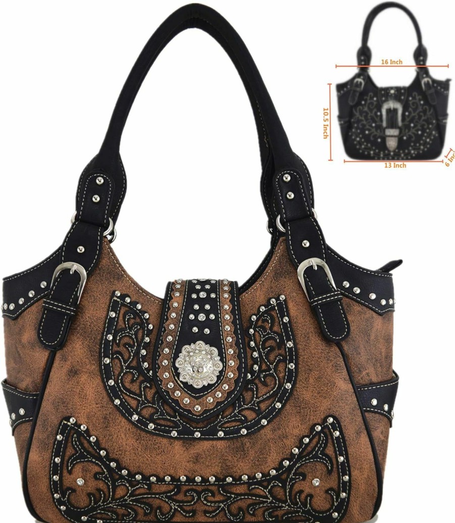 WESTERN ORIGIN Western Style Berry Conchos Cowgirl Country Conceal Carry Purses Crossbody Handbags Women Shoulder Bags Wallet Set Brown Shoulder Handbags