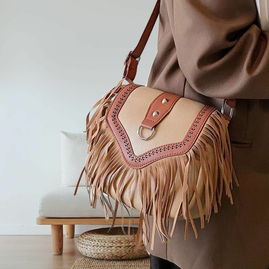 ZOVYRON Fringe Purse Crossbody Bag For Women, Vintage Stud Large Fringe Crossbody Purse, Boho Shoulder Purse With Fringe Shoulder Handbags