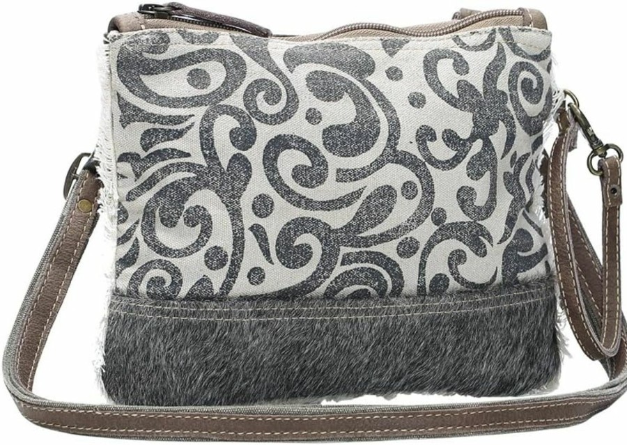 Myra Bag Swirl Print Upcycled Canvas Genuine Leather Trim Dual Strap Crossbody Handbag Shoulder Handbags