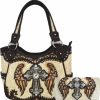 WESTERN ORIGIN Western Style Rhinestone Cross Studded Laser Cut Wings Tooled Leather Purse Women Handbags Country Shoulder Bag Wallet Set Shoulder Handbags