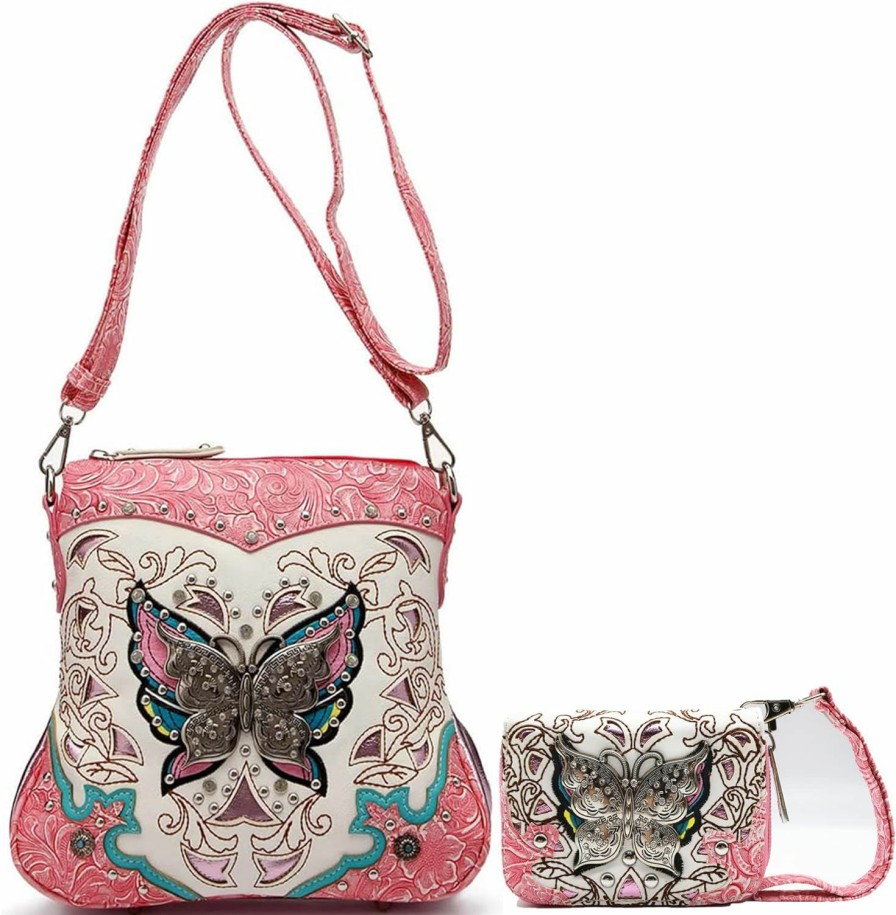 Cowgirl Trendy Butterfly Flower Springtime Purse Women Clutch Western Ccw Rhinestone Crossbody Handbags With Mini Wallet Shoulder Handbags