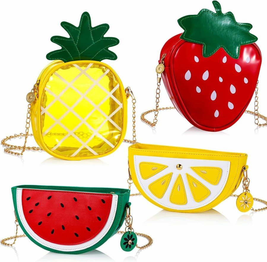 Chunful Set Of 4 Fruit Shoulder Bag Avocado Orange Lemon Watermelon Shape Shoulder Bag Pineapple Strawberry Crossbody Purse Bag Cute Novelty Fruit Shoulder Mini Bag Purse Wallet For Women (Fresh Style) Shoulder Handbags