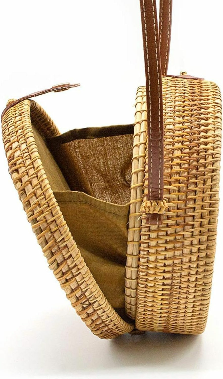 OUTLEYNY Outleyny Handwoven Round Rattan Bag Women Beach Straw Crossbody Bag Chic Shoulder Bag With Leather Strap Shoulder Handbags