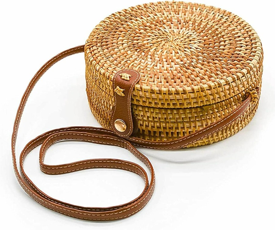 OUTLEYNY Outleyny Handwoven Round Rattan Bag Women Beach Straw Crossbody Bag Chic Shoulder Bag With Leather Strap Shoulder Handbags